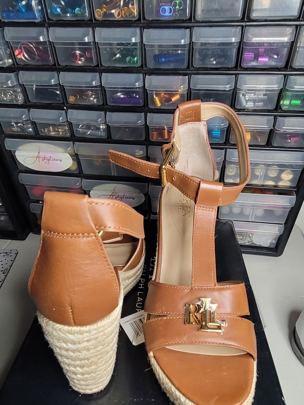 Lauren Ralph Lauren Tan Leather Espadrille Wedge Sandals with Gold RL Plaque